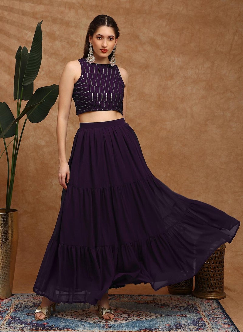 Globus Women Purple Sequinned Embroidered Halter Neck Sleeveless Georgette Crop Top & Tiered Skirt Fusion Co-Ord Set - Image 1